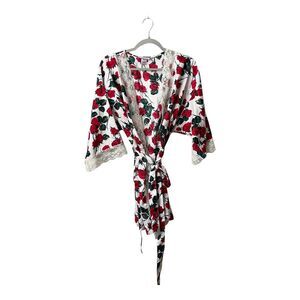 Vintage Beth Michael’s Robe Womens Medium Red Rose Tie Lace Trim‎ Rose Garden